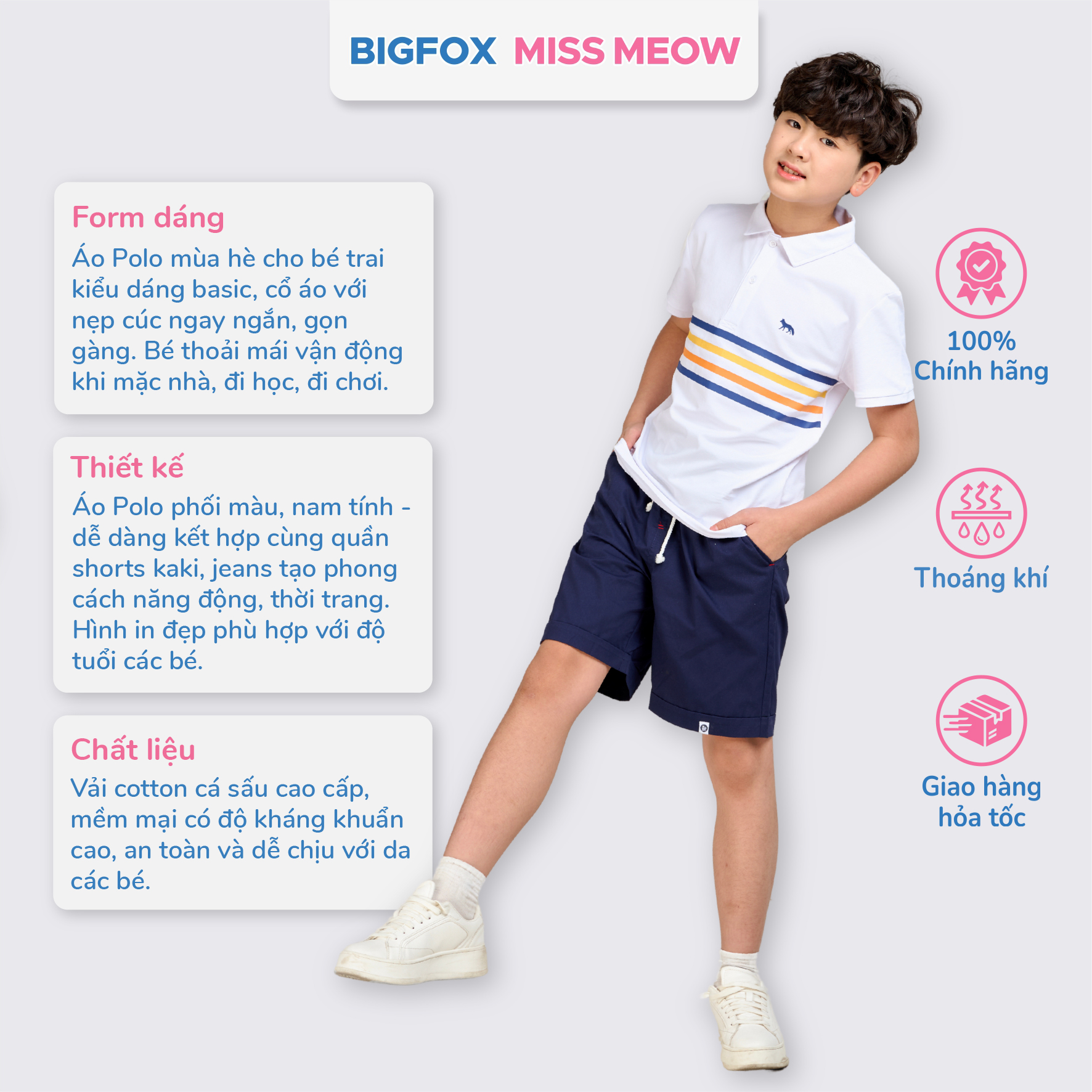 Áo polo hè bé trai Bigfox Miss Meow size đại, áo cá sấu có cổ đồng phục đi học size đại 7-15 tuổi 50kg