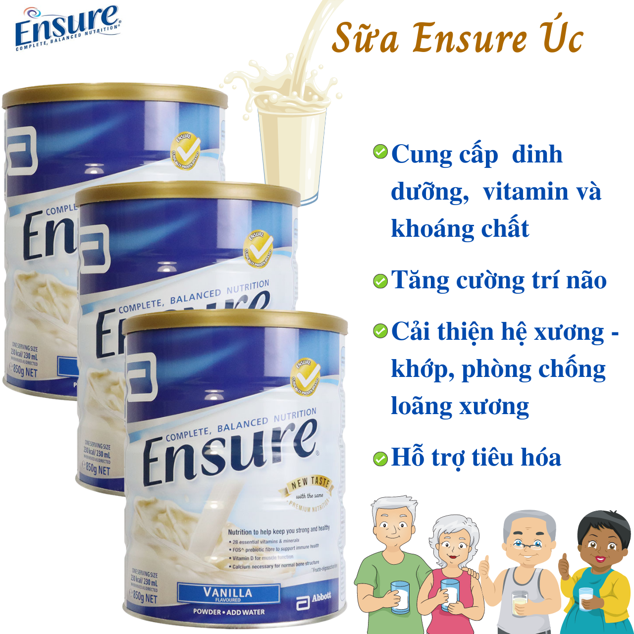 Sữa Ensure Úc cho người già, người gầy, người suy dinh dưỡng, người sau phẫu thuật, người mới ốm dậy - Vanila - Massel Official