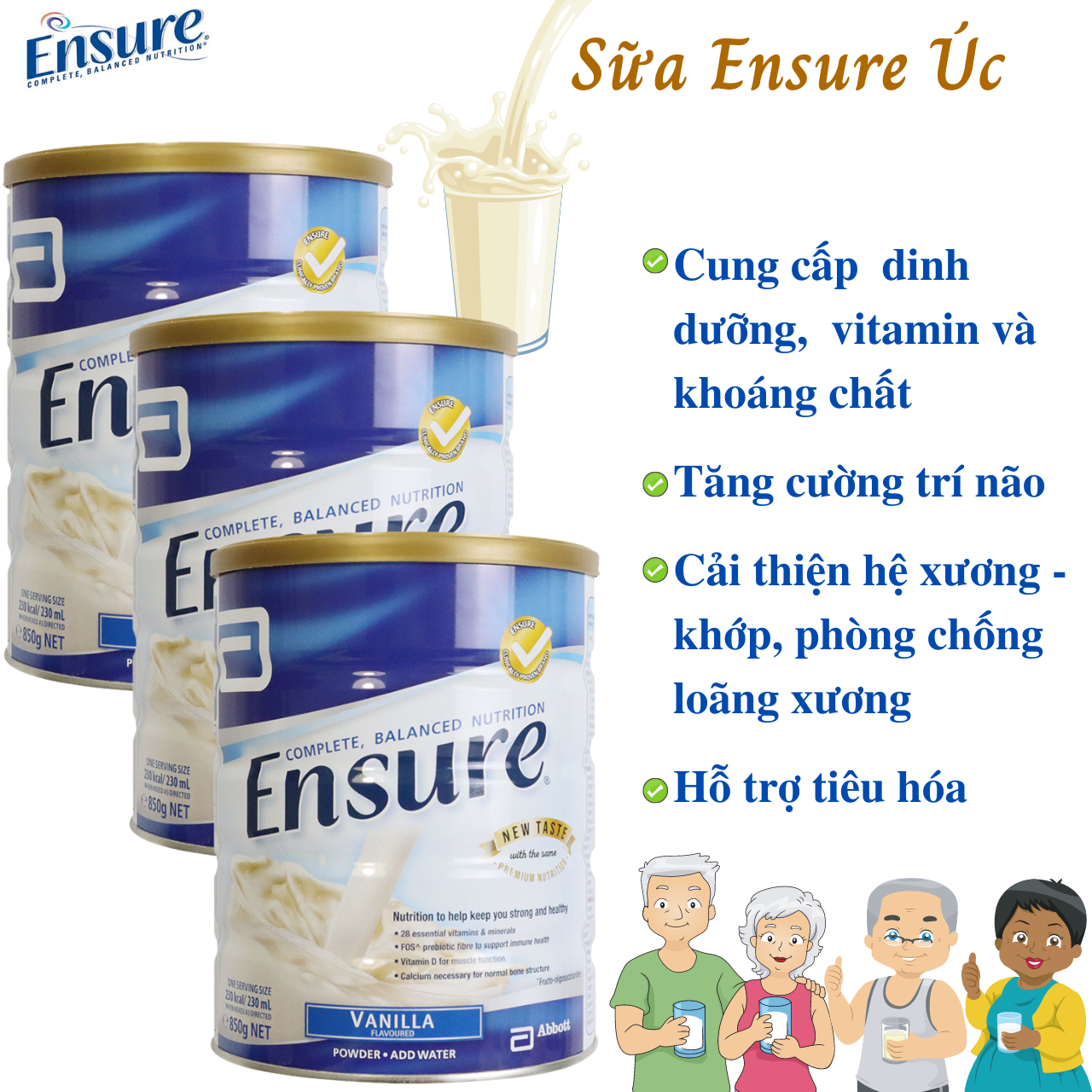 Sữa Ensure Úc cho người già, người gầy, người suy dinh dưỡng, người sau phẫu thuật, người mới ốm dậy - Vanila (3lon/thùng) - Massel Official