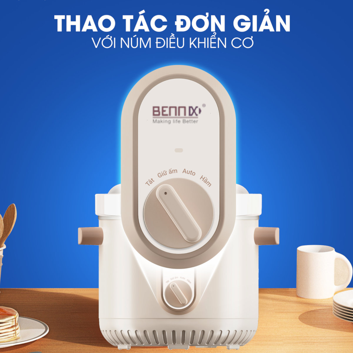 Nồi nấu chậm Bennix Thái Lan BN-68KC-C dung tích 3L nắp sứ trắng - Hàng chính hãng