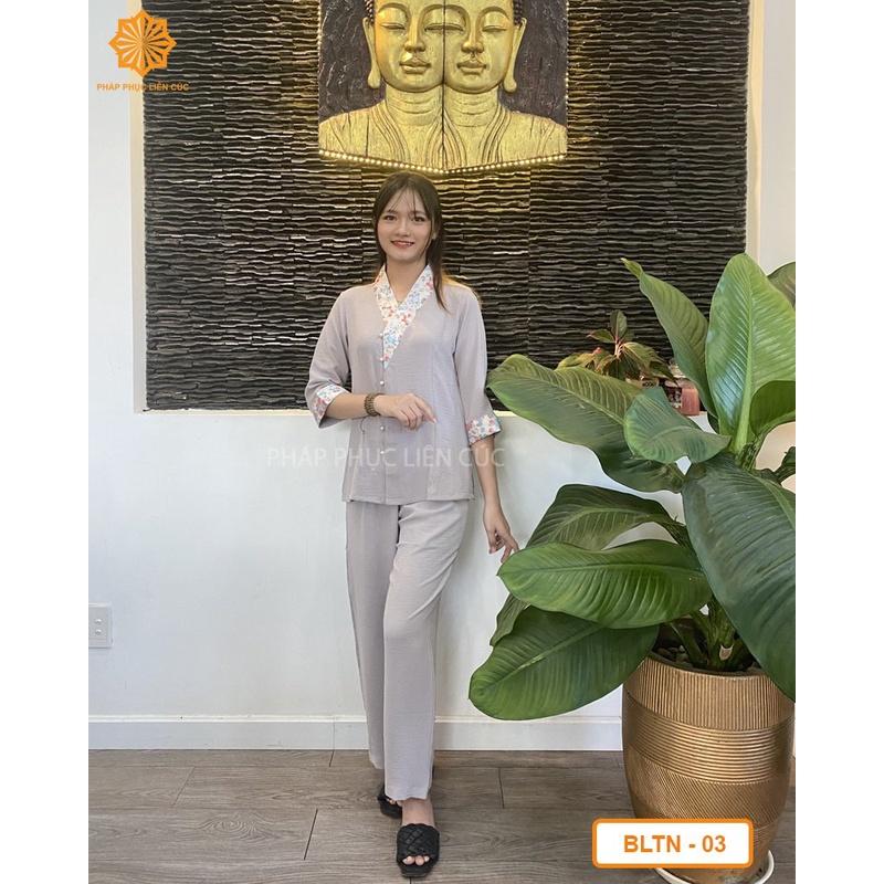 Đồ lam đi chùa nữ - Pháp phục mẫu Bà Lai nút ngọc phối gấm cao cấp, bền màu không nhăn xưởng may Liên Cúc