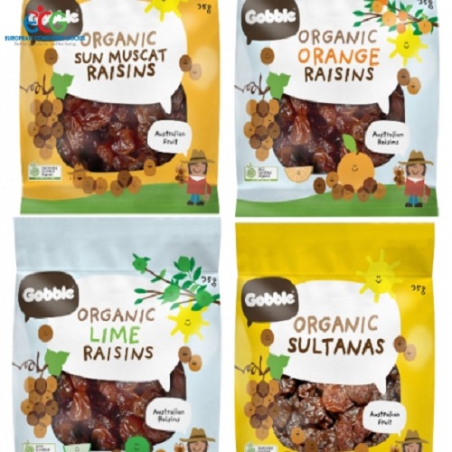 Nho hữu cơ, 100% nho khô tự nhiên (Organic Lime Raisins), hiệu Gobble, loại 35g/bịch, hàng mới 100%, xuất xứ Úc.