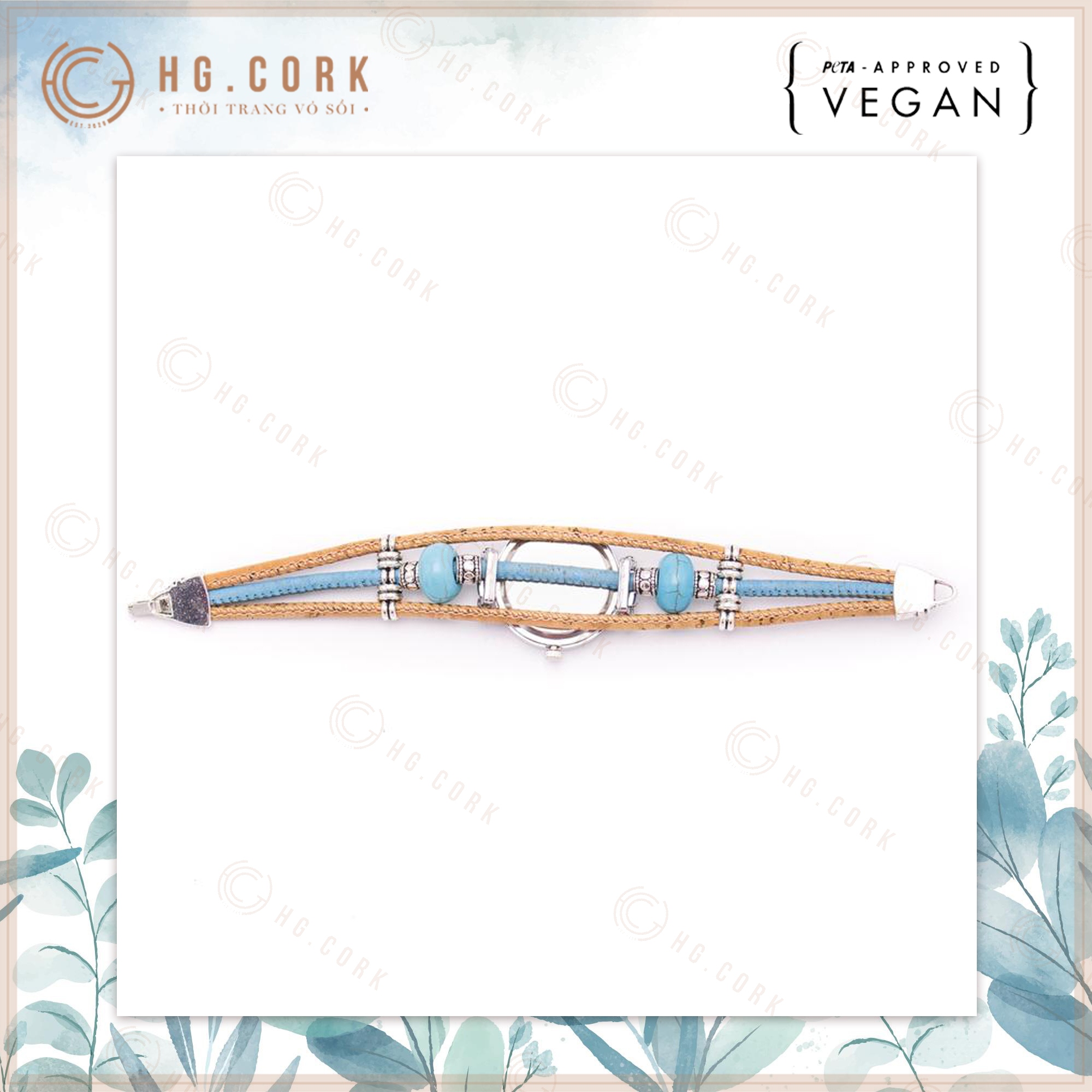 Đồng Hồ Nữ Thời Trang Bồ Đào Nha - HGcork DH11 Dây Đeo Bằng Da Thực Vật (Cork/Lie) Dạng Vòng Tay Kèm Hạt Màu