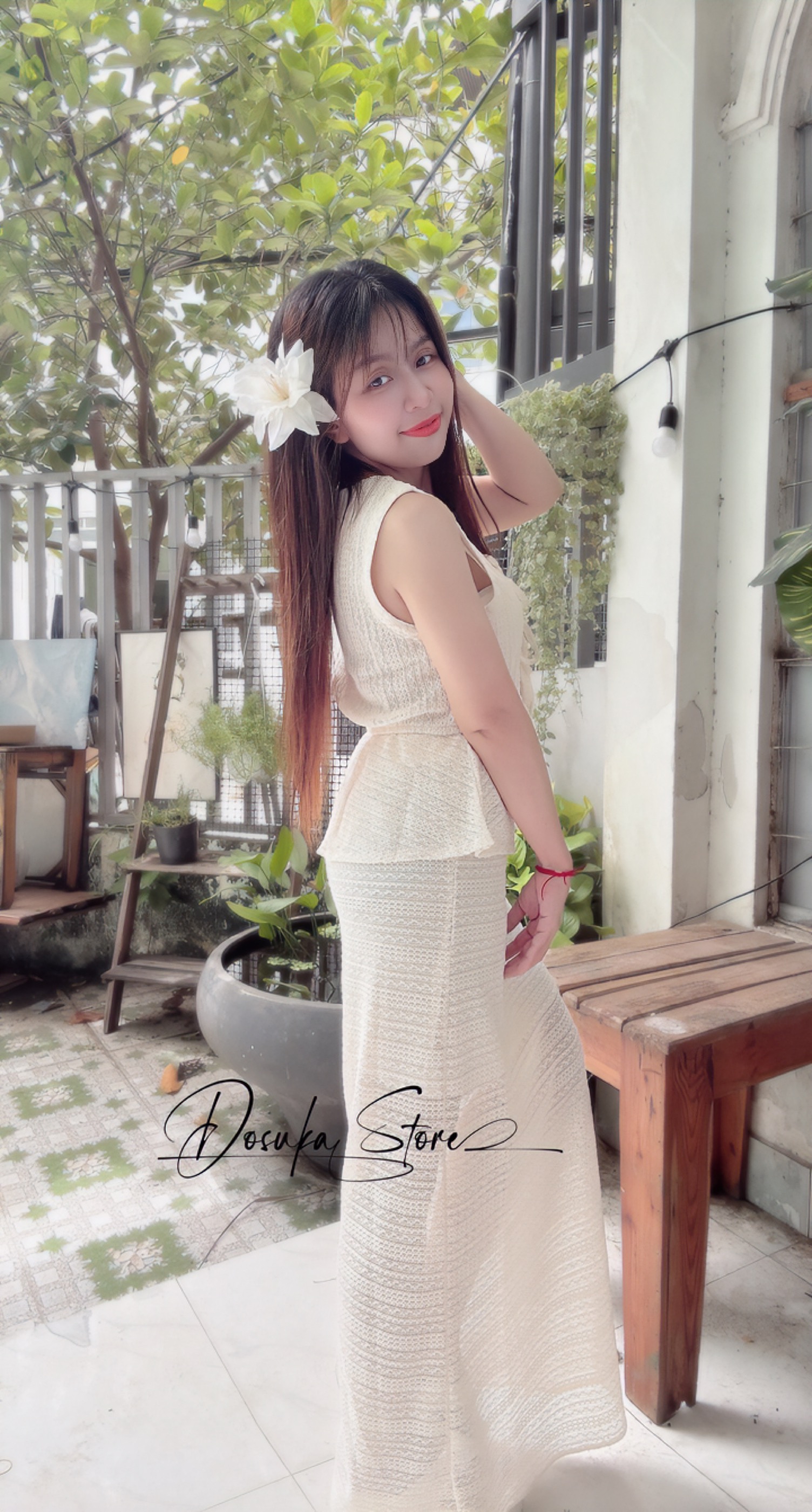 Set len váy dài cột nơ siêu hot