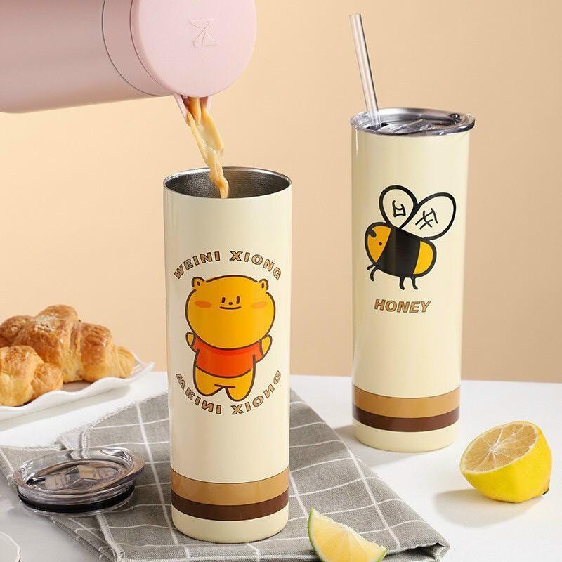 Ly Giữ Nhiệt Inox Không Gỉ 304 Nhiều Hình Ngộ Nghĩnh Có Nắp Đậy 650ml - Tặng Kèm Ống Hút Sang Trọng