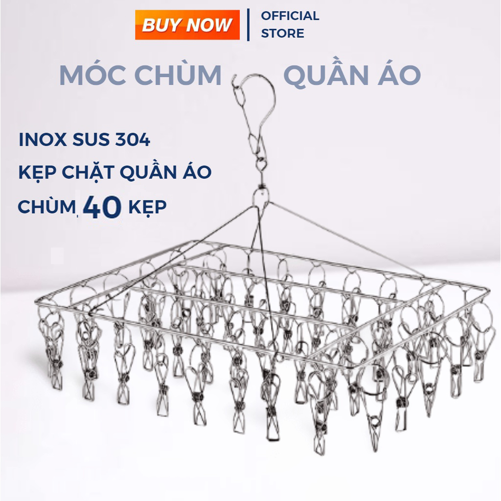 Móc Chùm Inox 304 Cao Cấp Bền Đẹp, Mắc Phơi Quần Áo - 40 kẹp Kt: 56x35cm