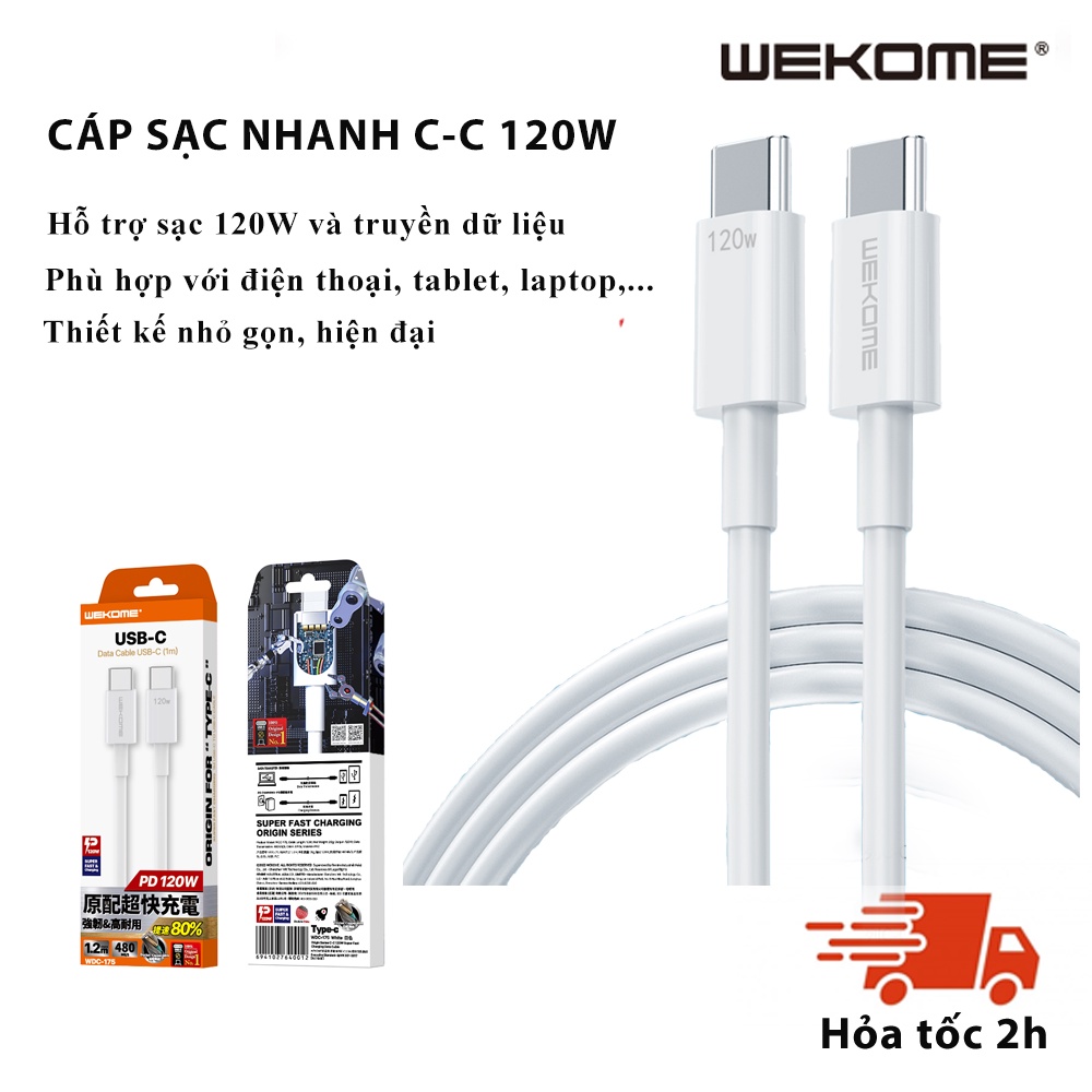 Cáp sạc siêu nhanh 120W WEKOME WDC175 hỗ trợ truyền dữ liệu, phù hợp nhiều thiết bị HÀNG CHÍNH HÃNG