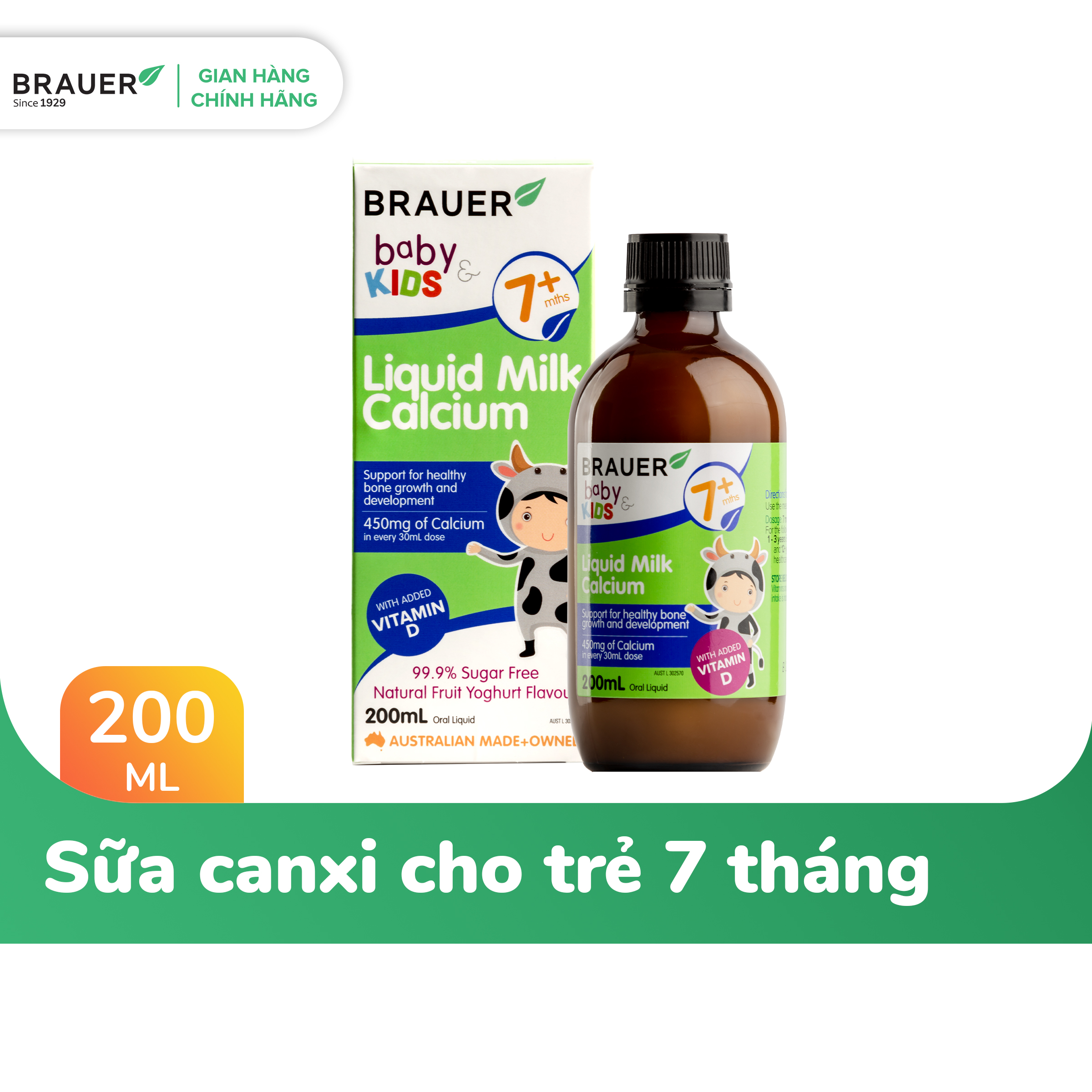 Canxi dạng sữa và Vitamin D Brauer Baby & Kids Liquid Milk Calcium cho bé từ 7 tháng tuổi (200ml)