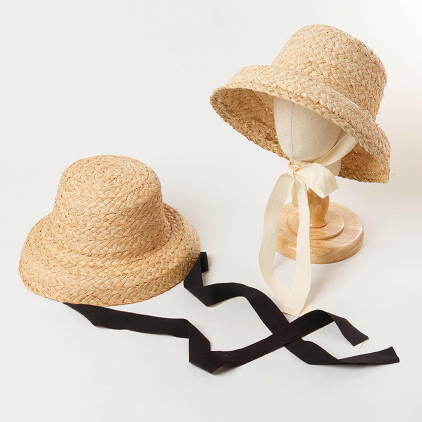 Straw Hat Summer Travel Sun Hat w/ Adjustable Tie White Tie