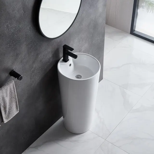 FREESHIP Lavabo trụ đứng đặt sàn màu trắng kiểu tròn thiết kế sang trọng cho gia đình ,khách sạn