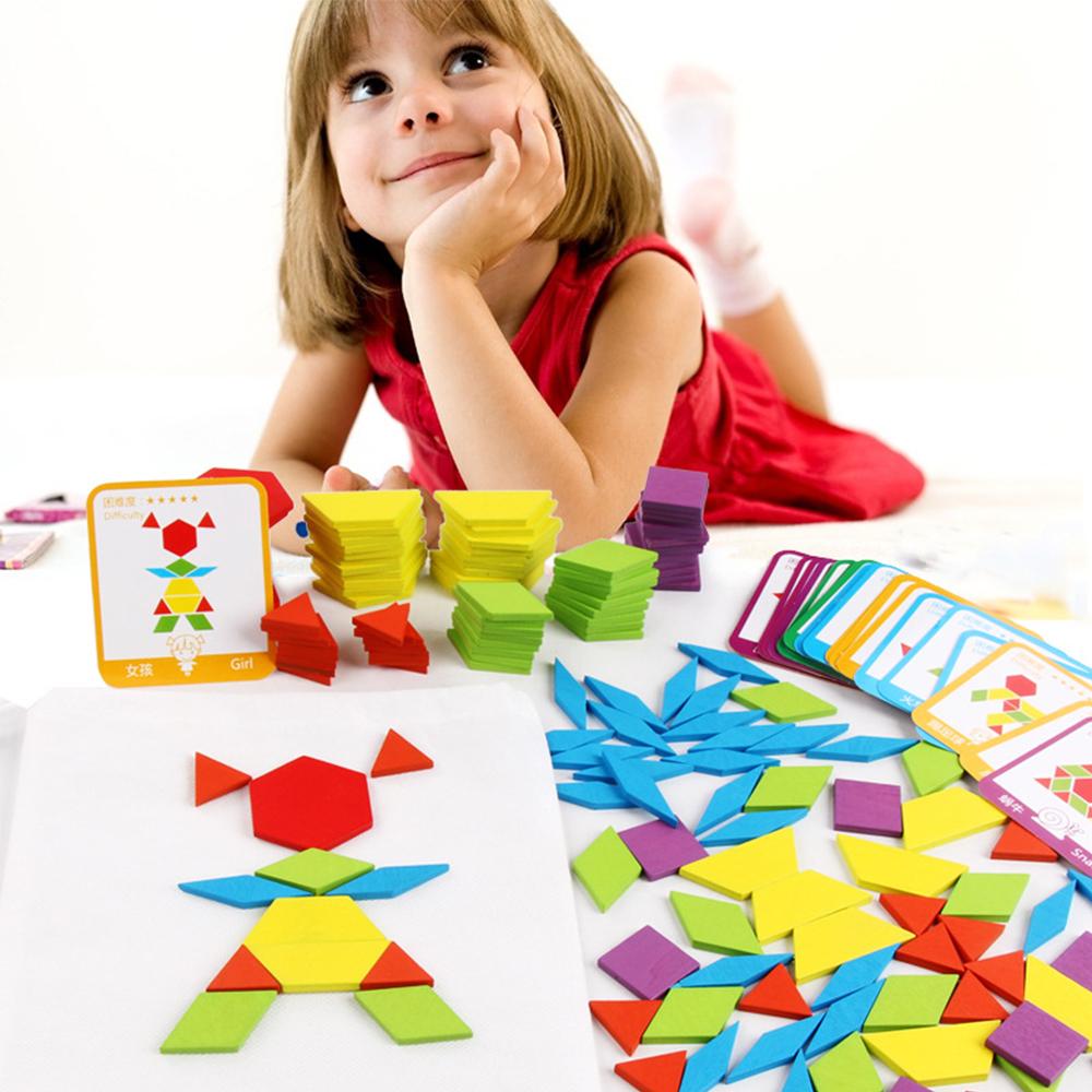 155 Pieces Wooden Pattern Block Geometric Shape Puzzle Early Education Montessori Toy with Design Cards for 3+ Years Old