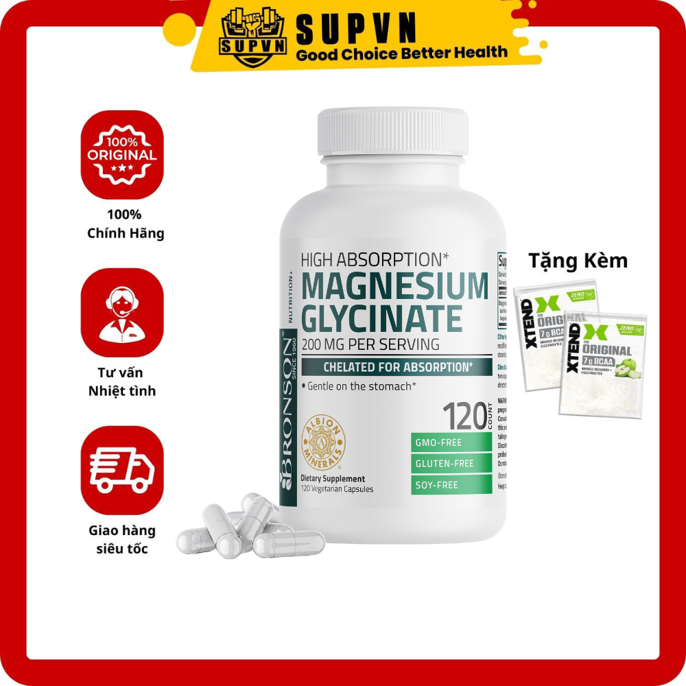 Bronson Magnesium Glycinate 200mg (120 Viên) - Giảm Nguy Cơ Tiểu Đường Hỗ Trợ Sức Khỏe Xương Khớp Của Mỹ