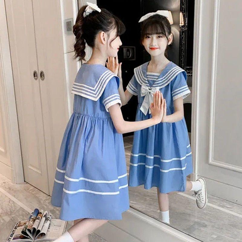 DONGSHOP HOT Cô gái ăn mặc 2023 mùa hè Hàn Quốc phong cách hải quân cổ áo váy cho trẻ em trung bình lớn ăn mặc công chúa web đỏ