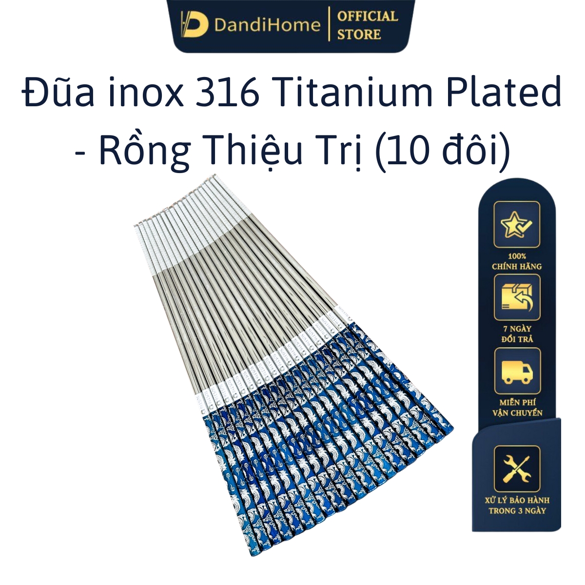 Bộ 10 Đôi Đũa Inox 304 - 316 Dandihome 2020 Chống Trơn Trượt, Sang Trọng, Tinh Tế - Inox 316 Titanium - Rồng Xanh
