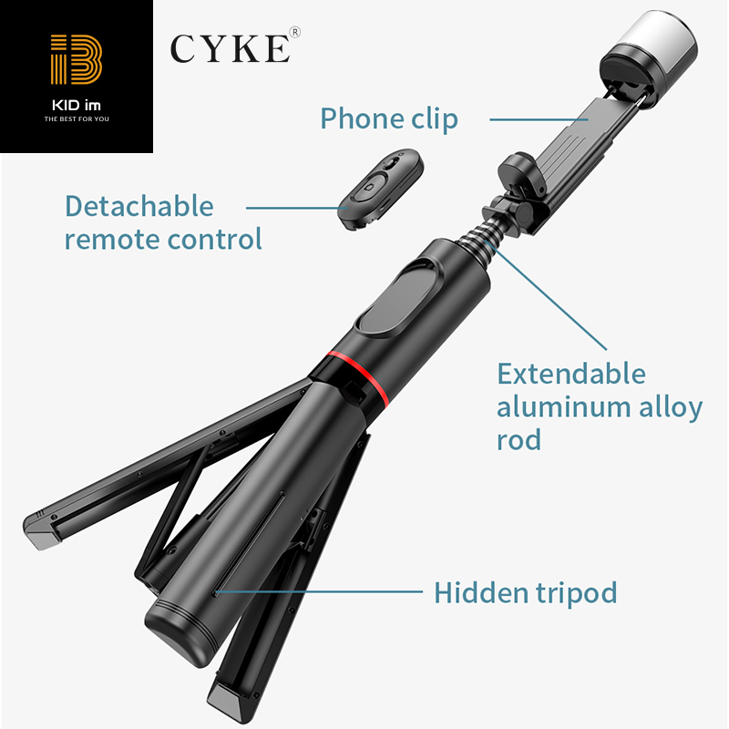 Gậy chụp hình Selfie Tripod CYKE kéo dài 76.5cm xoay 360 độ tích hợp điều khiển không dây bluetooth kèm đèn Led xoay 360 độ-Hàng chính hãng
