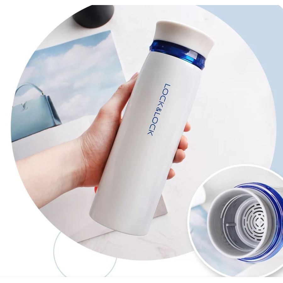 Bình Giữ Nhiệt 450ml Lock&amp;Lock Feather Light màu trắng xanh LHC4131WB, Hàng chính hãng - JoyMall