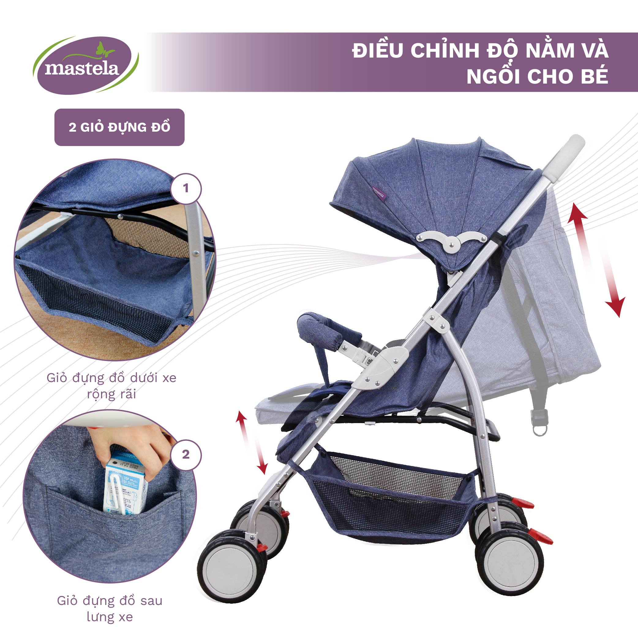 Xe đẩy gấp gọn cho bé Mastela A2 - Xe đẩy em bé khung Aluminum cao cấp siêu nhẹ và bền bảo hành 12 tháng