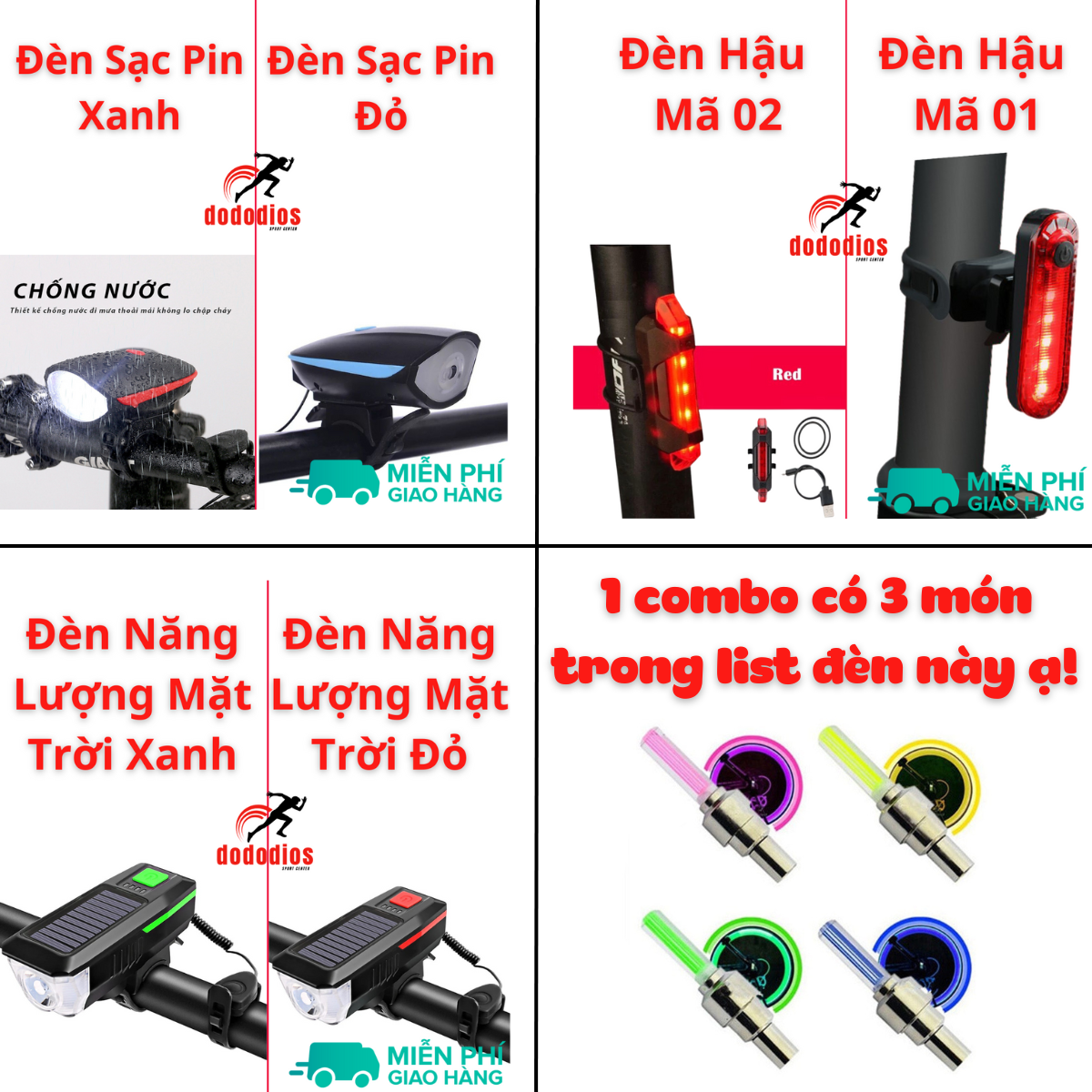 combo Đèn xe đạp thể thao siêu sáng có còi pin sạc chống nước + Đèn chiếu hậu cảnh báo TẶNG 2 ĐÈN GẮN VAN XE