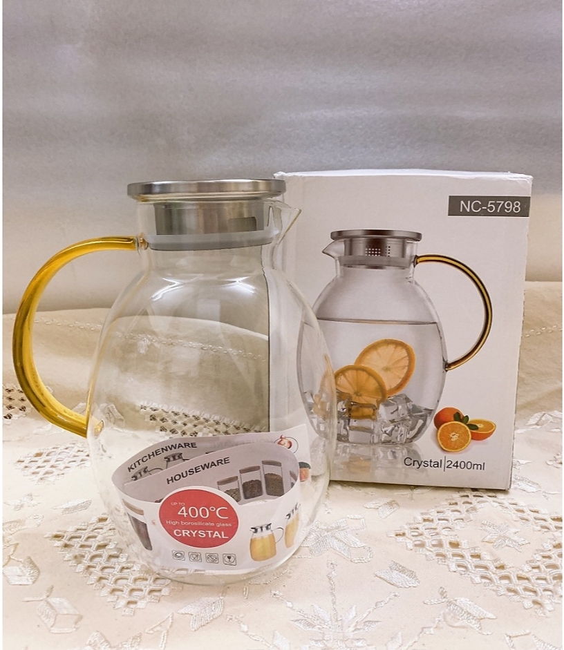 BÌNH NƯỚC THỦY TINH CHỊU NHIỆT TAY VÀNG DUNG TÍCH 2,4L -1,6L CÓ SỌC