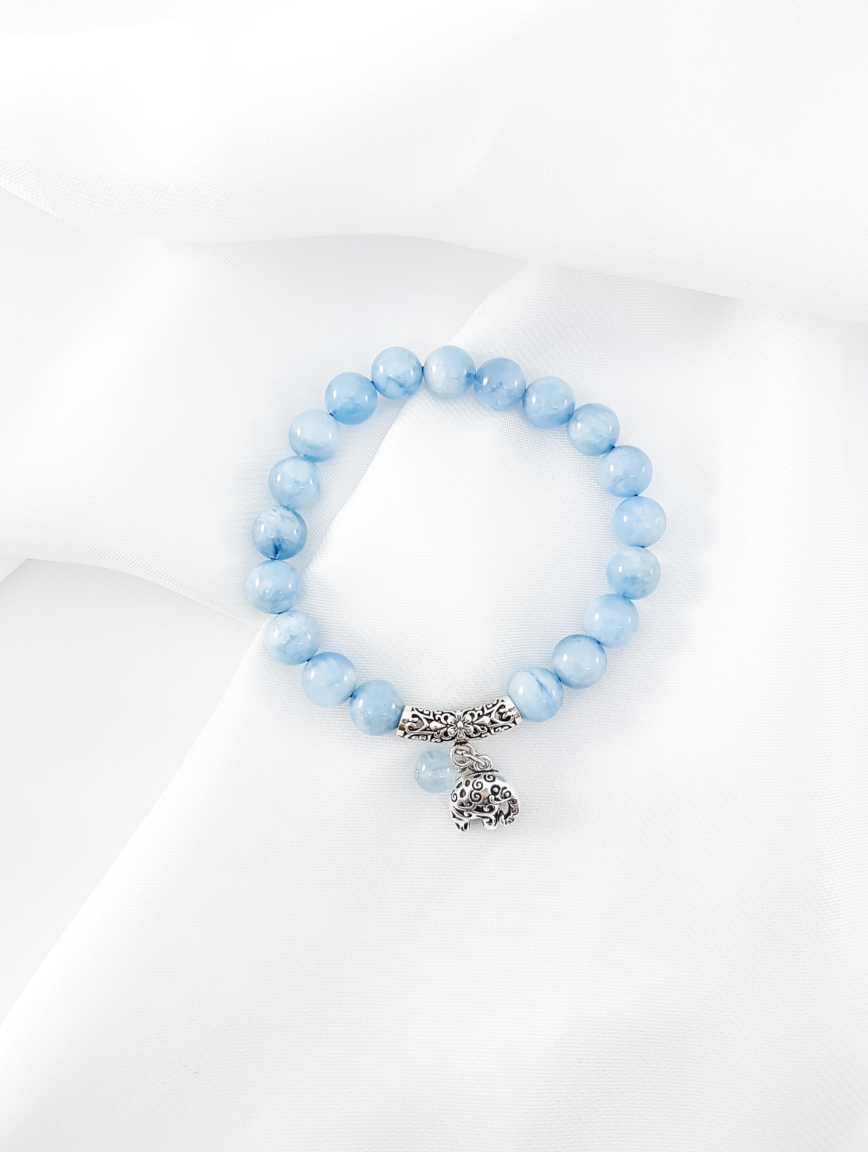 Vòng tay mệnh thủy, mộc đá Aquamarine mix charm con voi