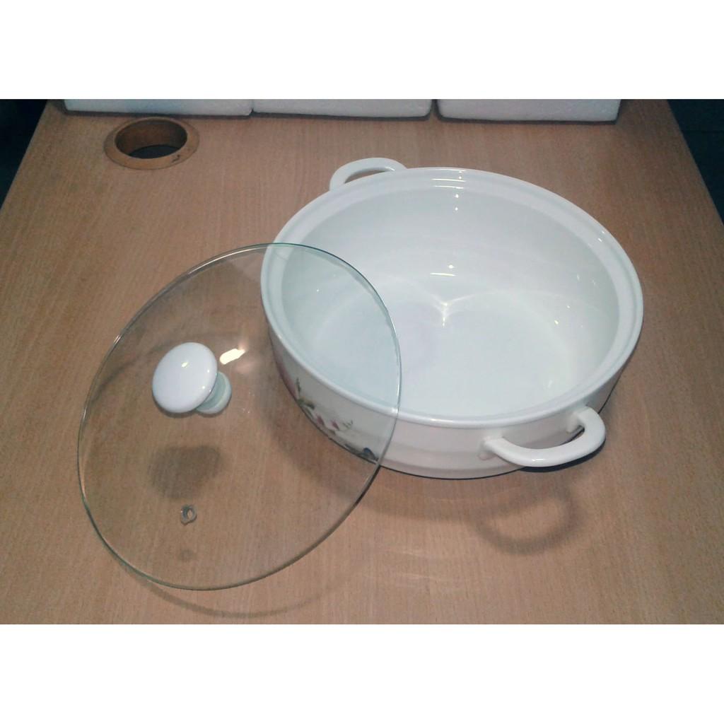 Thố bằng sứ có nắp đậy bằng kính tráng men dùng được trong lò vi sóng tay cầm cách nhiệt cao cấp