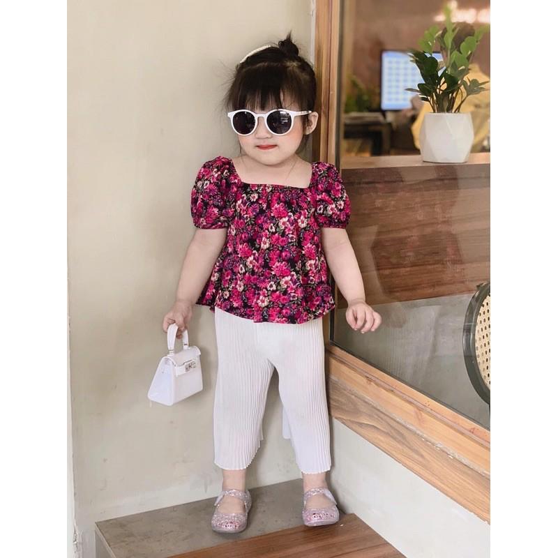 Set áo hoa tím quần xếp ly đáng yêu cho bé gái