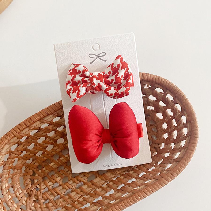 Cặp tóc nơ đỏ cho bé gái, set 2 kẹp tóc đỏ chấm bi nơ kẻ nữ Ongvove ADD