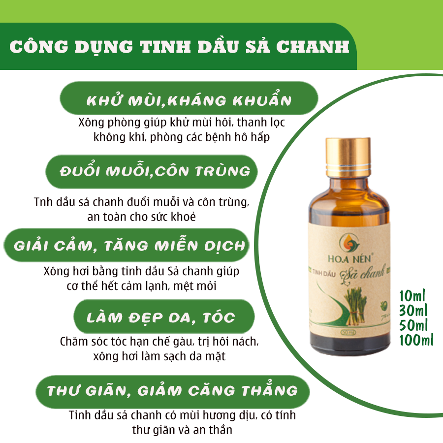 Tinh dầu Sả Chanh nguyên chất Hoa Nén 3ml - 100ml - Đuổi muỗi, khử mùi, giải cảm