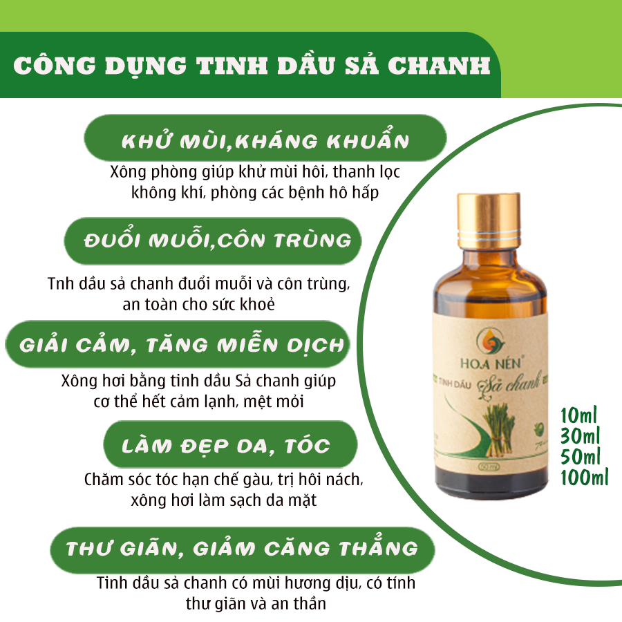 Tinh dầu Sả Chanh nguyên chất 50ml - Hoa Nén - Vegan - Đuổi muỗi, giải cảm, khử mùi