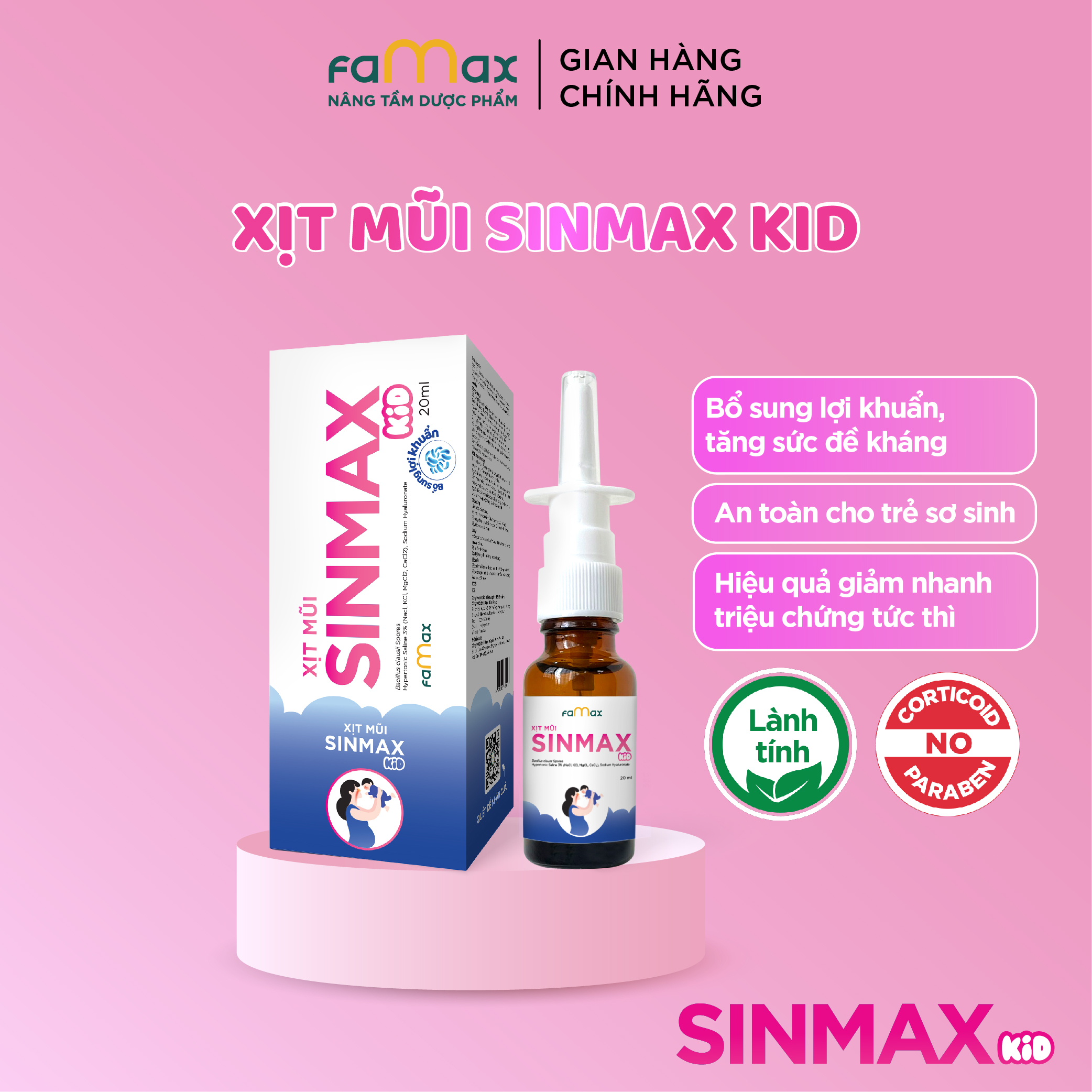 Xịt mũi Sinmax Kid (20ml) dành cho trẻ nhỏ hỗ trợ giảm sổ, nghẹt, viêm mũi, viêm xoang