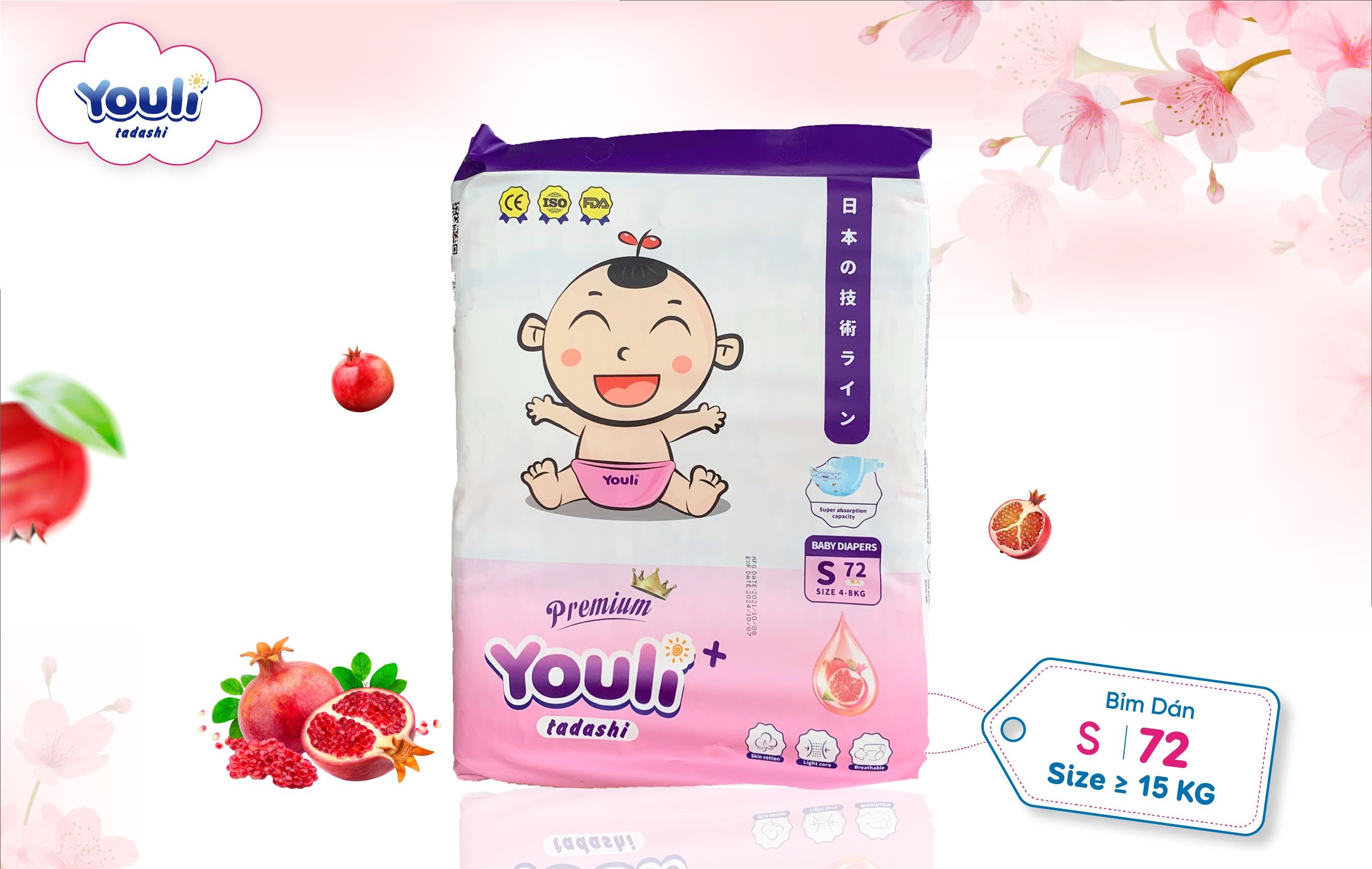 TÃ BỈM YOULI TÝ QUẬY DÁN SIZE S 72 MIẾNG CHO BÉ 4-8KG