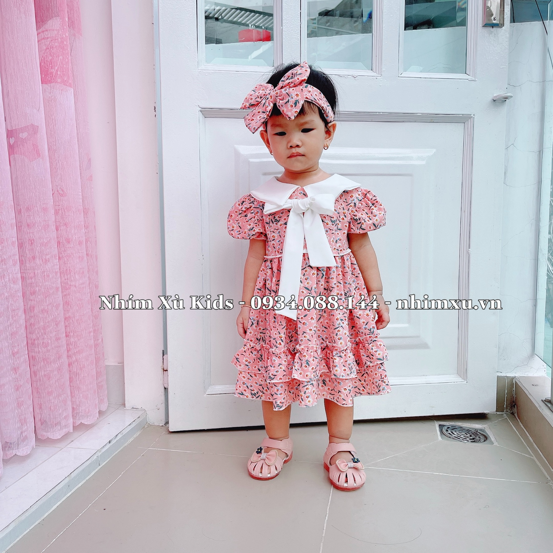Váy Bé Gái 4 đến 28kg Lụa Mát Rượi Hoạ Tiết Liễu Hồng Tặng Turban