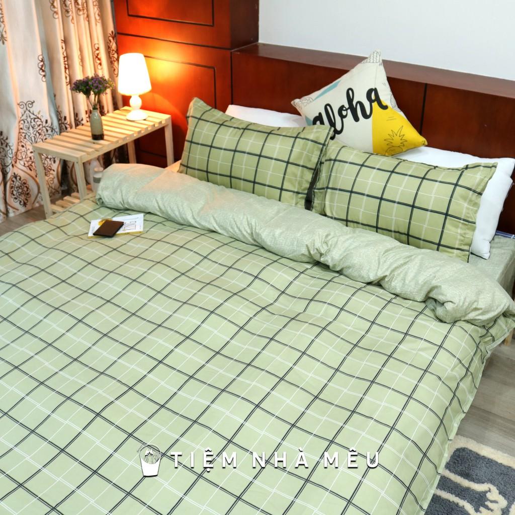 Bộ Chăn Ga Gối Cotton 3D m6/m8/2m - Full size Tiệm Nhà Mêu 2 Vỏ gối ,drap , vỏ chăn Cotton Caro Xanh Cốm