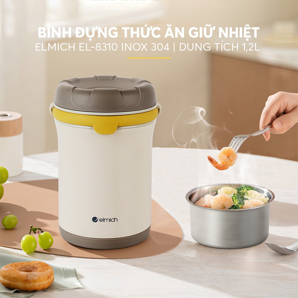 Bình đựng thức ăn giữ nhiệt inox 304 Elmich EL8310 1.2L, Hàng chính hãng, quai xách silicone,nắp có thể tháo rời-JoyMall