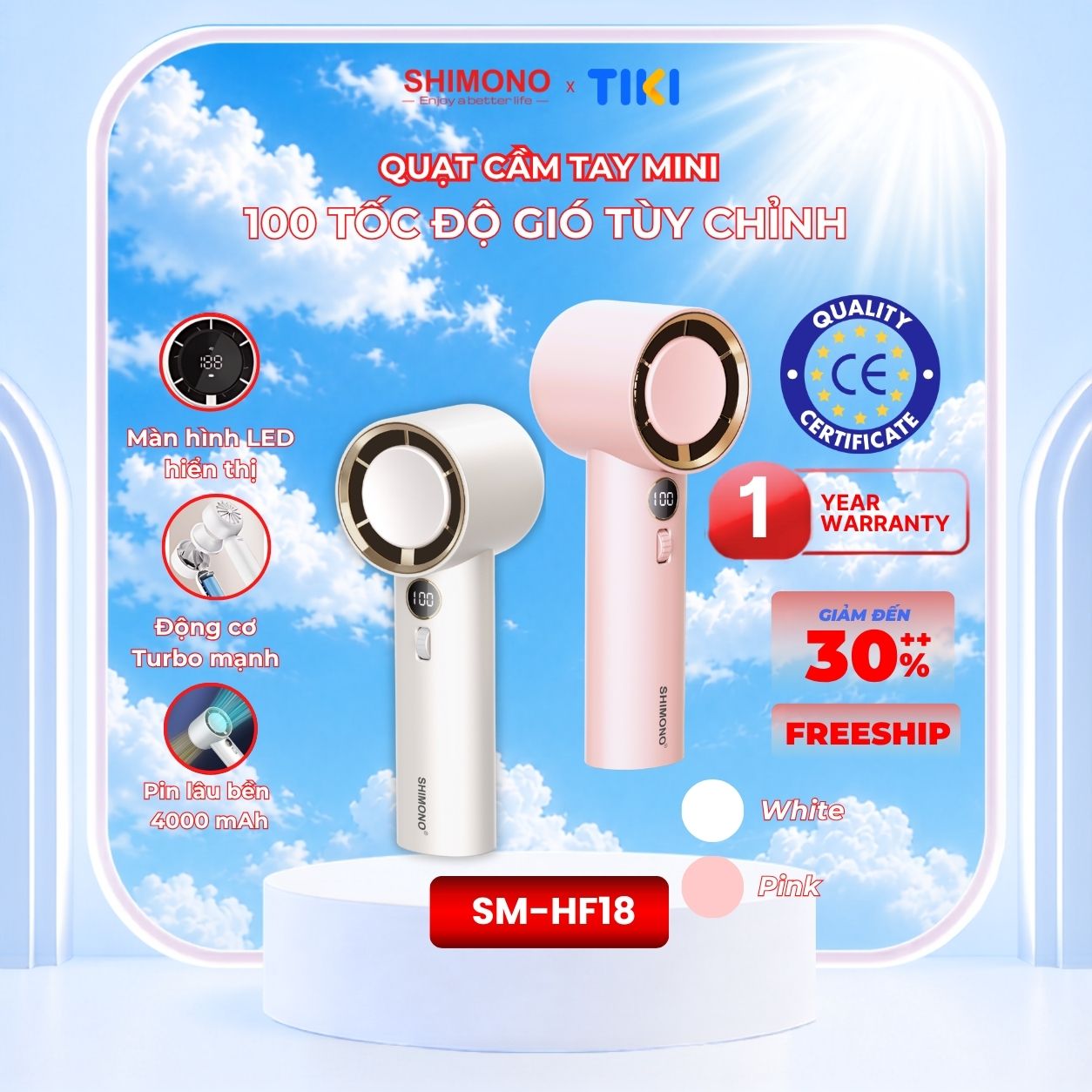SHIMONO Quạt Cầm Tay Mini SM-HF18 100 Tốc Độ Gió Pin 4000mAh Sử Dụng 10 Tiếng Tặng Kèm Dây Đeo Hàng Chính Hãng