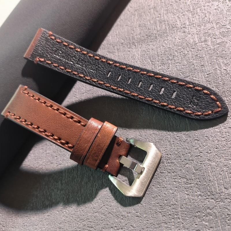 Dây da đồng hồ DA BÒ SÁP NGỰA ĐIÊN cao cấp BO-74 size 20 22 24mm - Nâu Nhạt Khóa Bạc