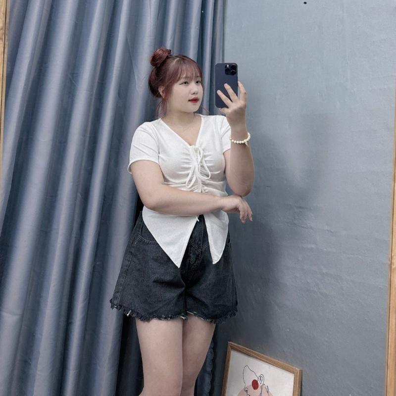 Áo thun croptop bigsize nữ tà nhọn cổ rút dây ở giữa tôn vòng một, Áo phông phom rộng chất gân tăm BIGSIZE CÔ NHỎ - G42