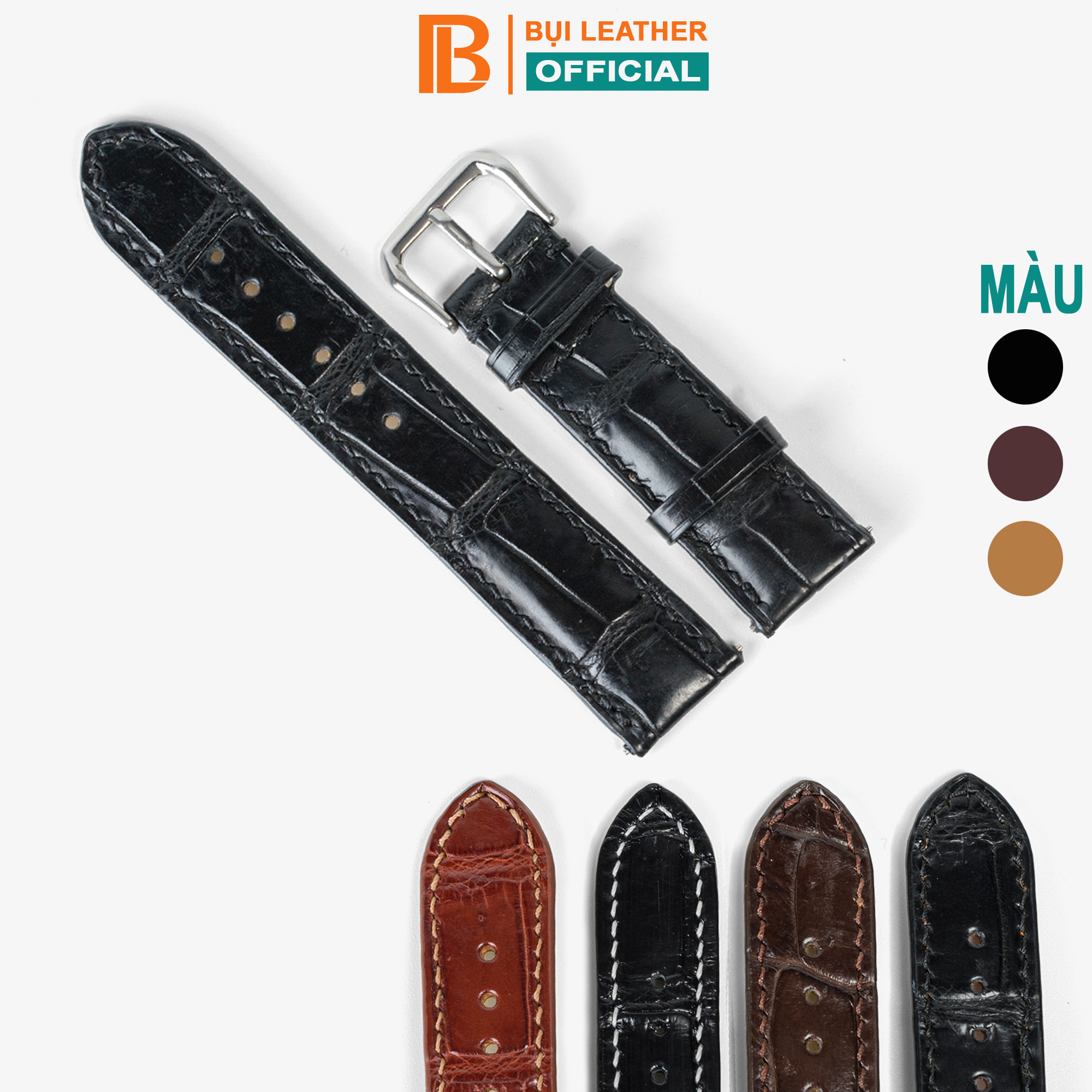 Dây Đồng Hồ Nam Da Cá Sấu Đốt Tre Bụi Leather D103 - Hàng Khâu Tay Thủ Công Cao Cấp - Bảo Hành 12 Tháng - Đen Chỉ Đen - 18Mm