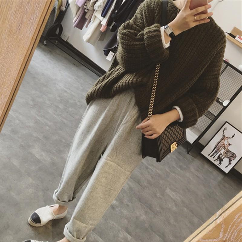 Áo dệt kim nữ dài tay cổ tròn màu trơn