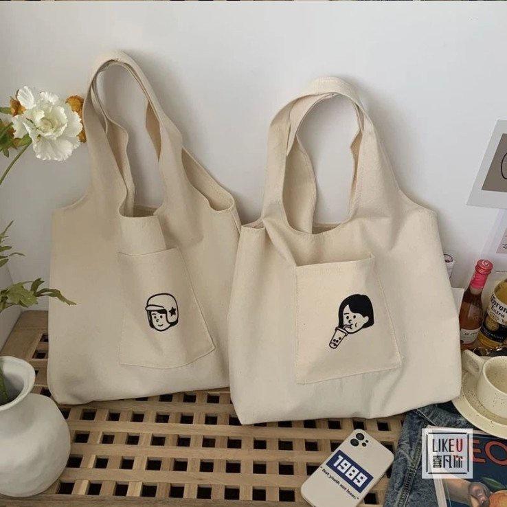 Túi tote vải canvas nữ đựng vừa laptop cỡ lớn đeo vai phong cách Nhật Bản