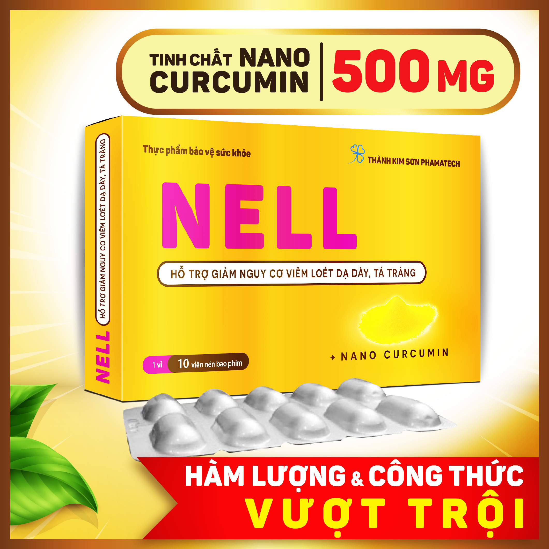 Thực phẩm bảo vệ sức khoẻ NELL - Hỗ trợ điều trị viêm loét dạ dày, tá tràng, giúp nhanh lành vết loét, giảm các triệu chứng do viêm loét dạ dày- Nano Curcumin 10% 500mg