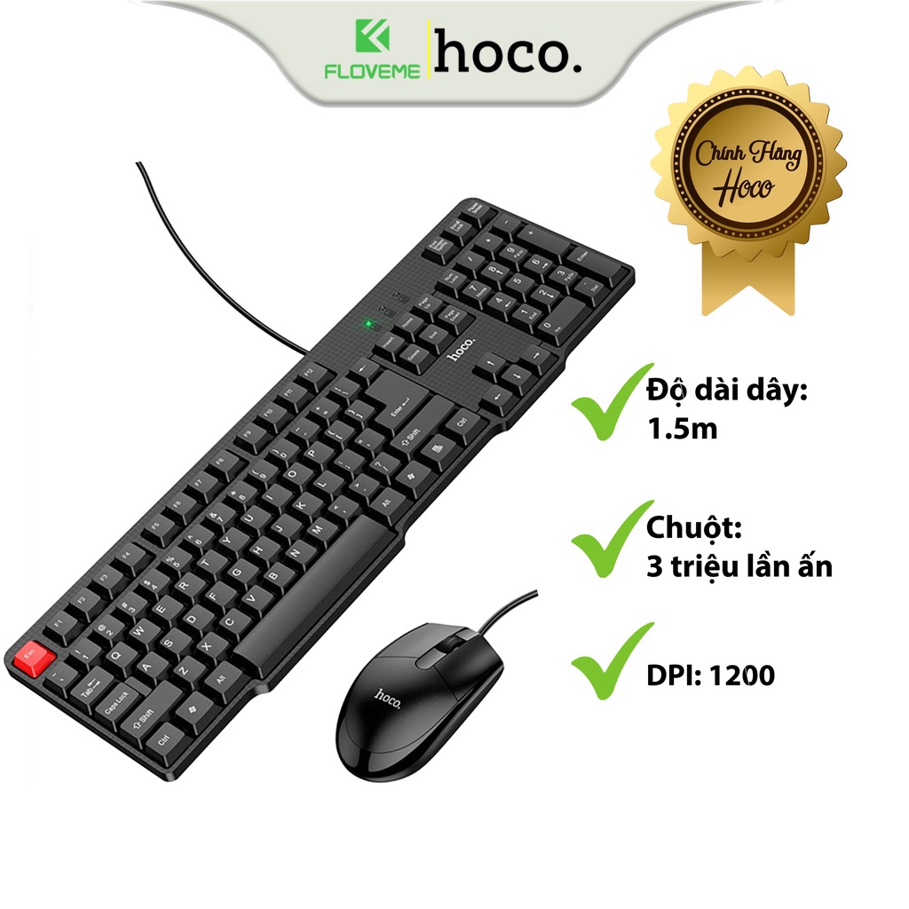 Combo Chuột Phím Có Dây Dành Cho Hoco GM16 - Fullsize, Có Phím Số, Độ Nhạy Cao, Mượt Mà, Chống Tràn, Bền Bỉ, Độ Bền Cao - Hàng Chính Hãng