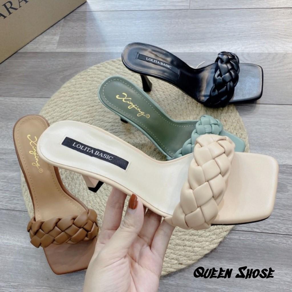 Guốc quai tết cao gót 7cm - Cao gót quai tết đan phồng gót nhọn fullbox hàng cao cấp