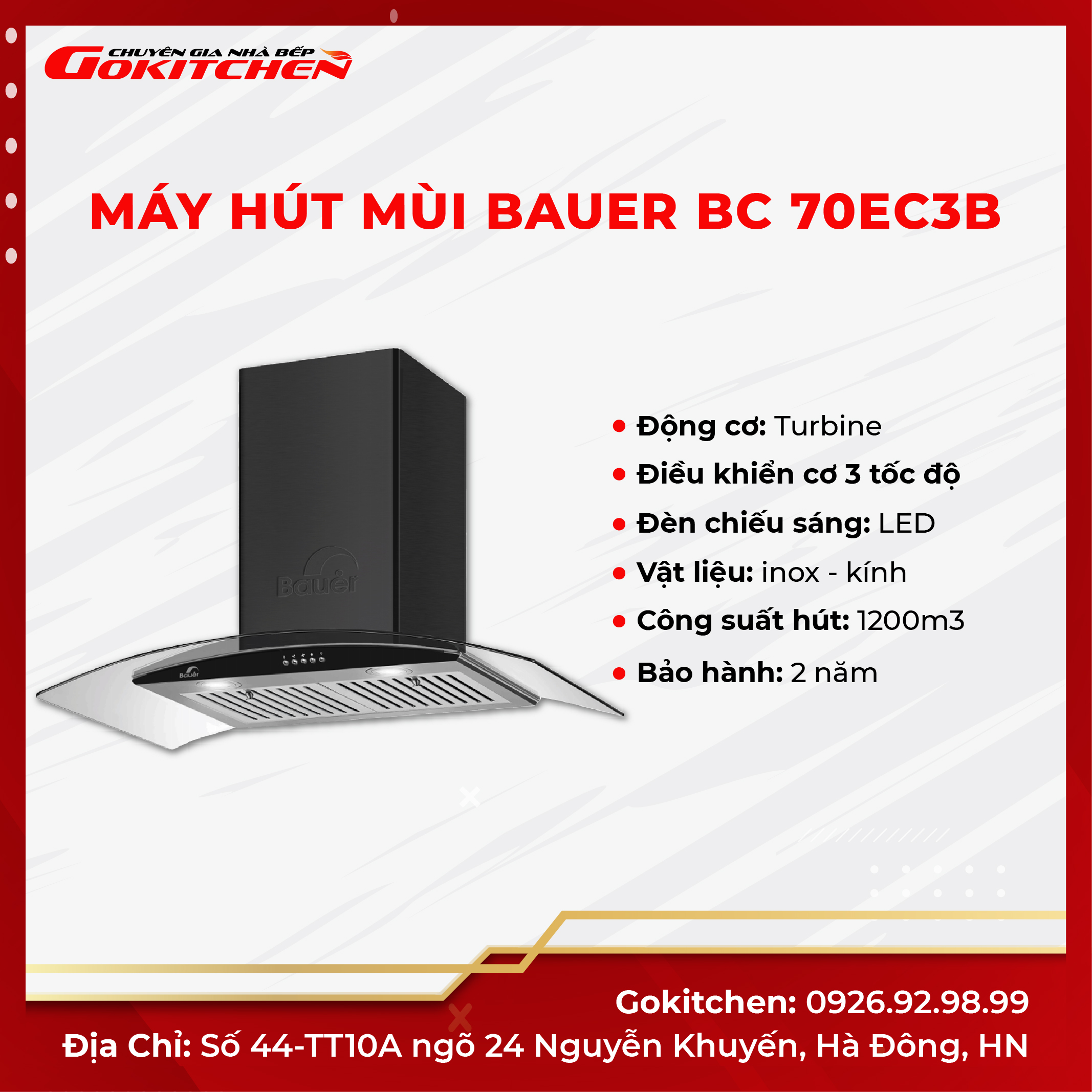 Máy hút mùi cho nhà bếp công nghệ hiện đại BAUER BC 70EC3B - Hàng chính hãng