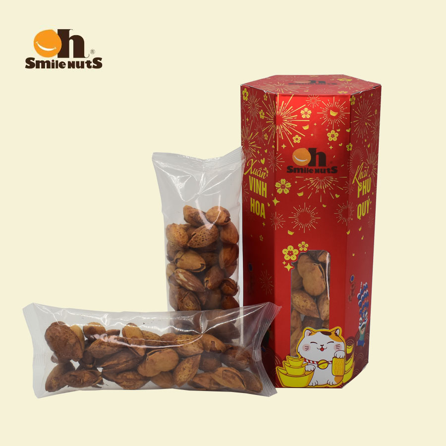 Hạt Hạnh Nhân Mỹ còn vỏ Rang bơ Smilenuts hộp 160g _ Hạnh nhân Mỹ nguyên vỏ size lớn, vỏ mỏng, rang bơ thơm ngọt, béo bùi _ Hạnh nhân Mỹ rang bơ cao cấp theo tiêu chuẩn Mỹ _ Quà tết hộp lục giác 2023