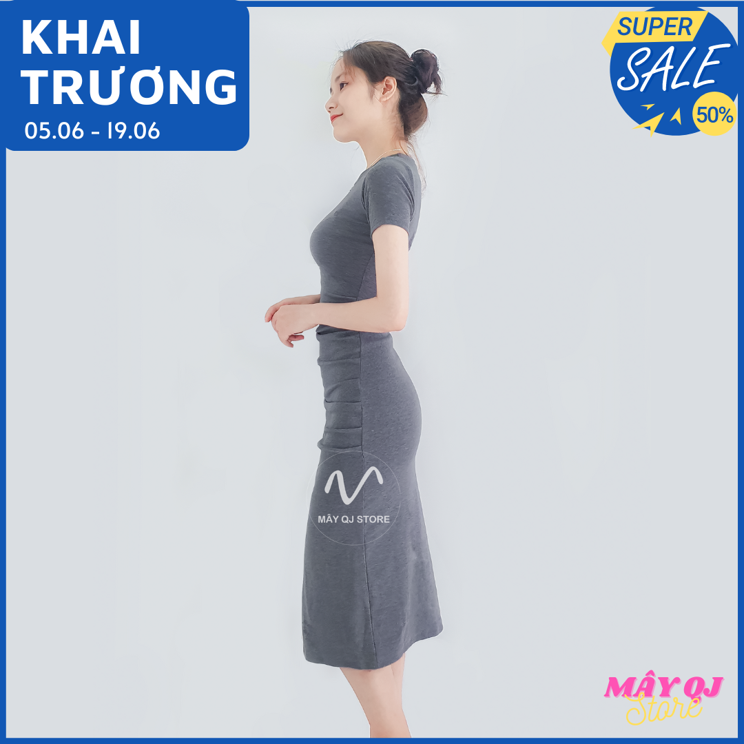 Đầm Nữ Ôm Body Tay Ngắn Dáng Dài Xếp Ly Eo Chất Vải Thun Cotton Mềm Mịn Quyến Rũ Freesize dưới 58kg