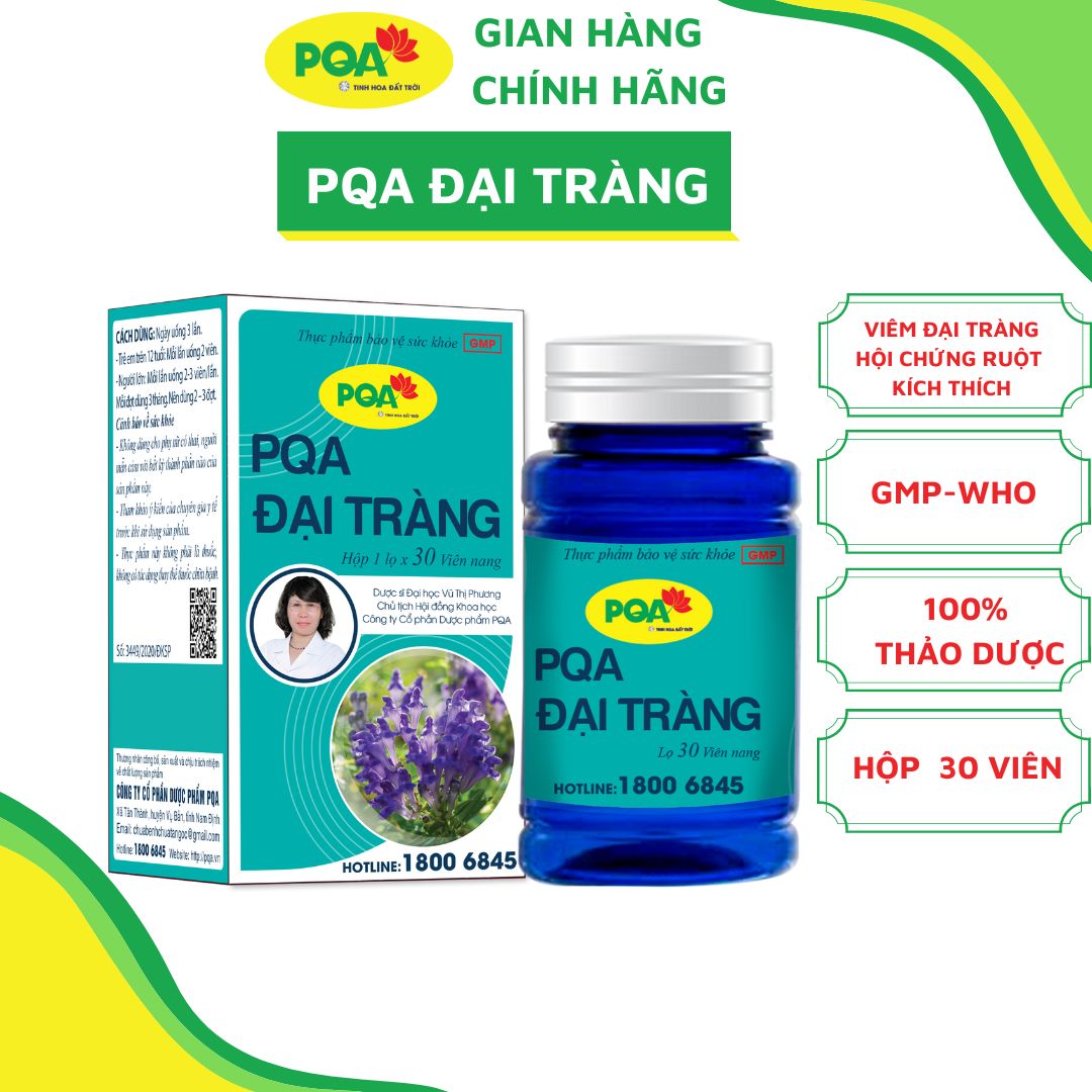 PQA Đại Tràng lọ 30 viên nang là dược phẩm thảo dược dùng cho người bị viêm đại tràng hỗ trợ ngăn ngừa các triệu chứng của viêm đại tràng cấp và mạn tính, rối loạn tiêu hóa.