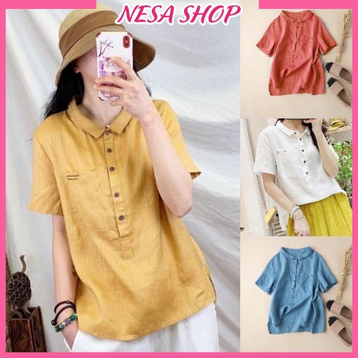 Áo sơ mi nữ tay ngắn NeSa Shop, áo kiểu nữ, chất liệu Đũi tơ mềm mát, áo sơ mi kiểu form trẻ trung AKS.49