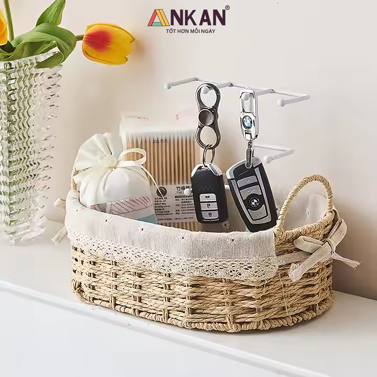 Giỏ Đựng Đồ Ăn Vặt Có Quai Hình Bầu Dục Lót Vải Hoa – Sợi Giấy Cán Mỏng Nhẹ Bền, Dễ Vệ Sinh