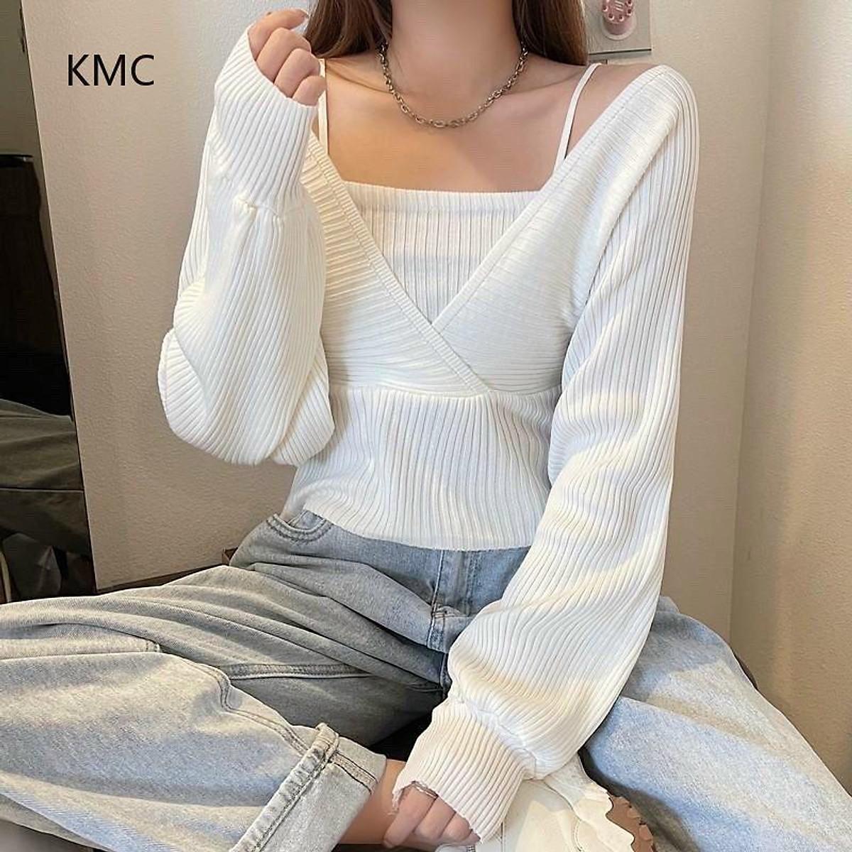 Áo Thun Nữ Dệt Kim Dài Tay Cổ Yếm Cho Nữ Dưới 55Kg Kiểu Dáng Thời Trang
